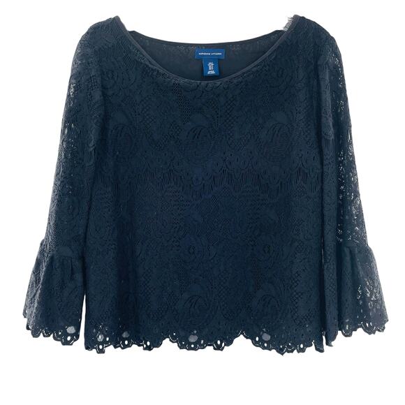 ADRIENNE VITADINI Black Lace Ruffle Bell Sleeve Scoop Neck Crop Top Blouse S - Picture 1 of 12